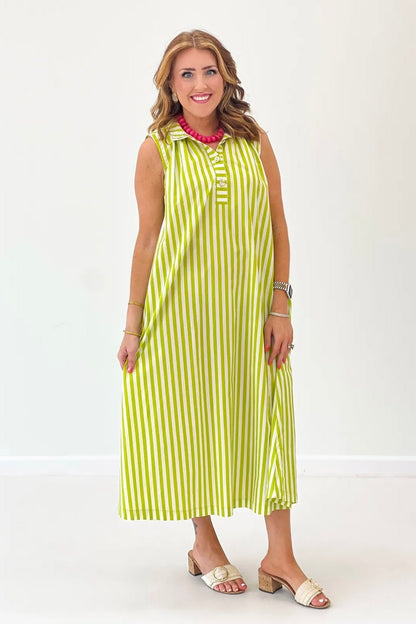 Striped sleeveless midi dress with gold button detail