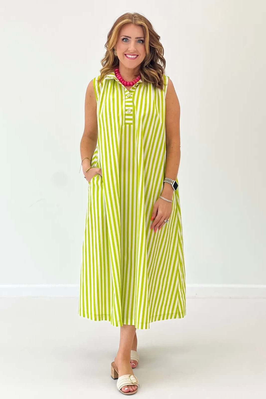 Sleeveless striped midi dress in breathable cotton