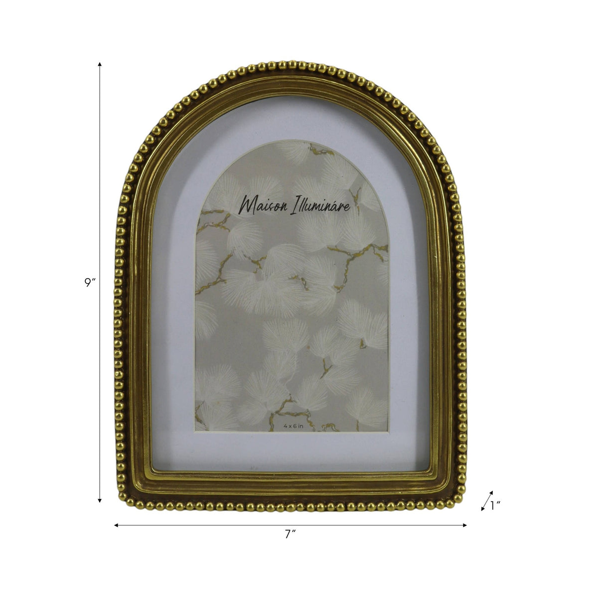 Gold arch-top picture frame with beading around the edge