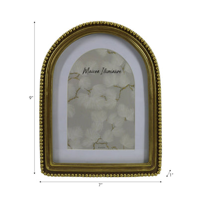 Gold arch-top picture frame with beading around the edge