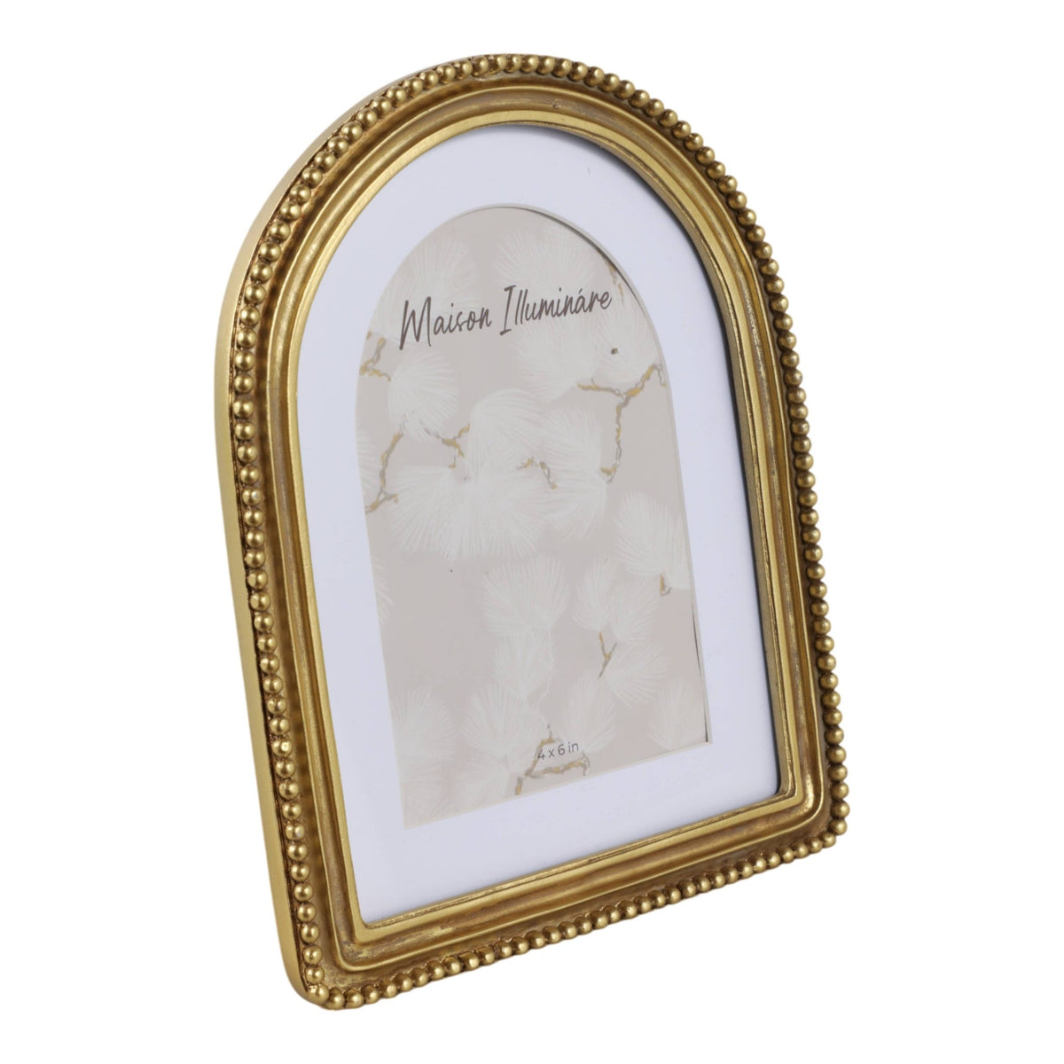 Arch-shaped gold frame with a beaded border and matted insert