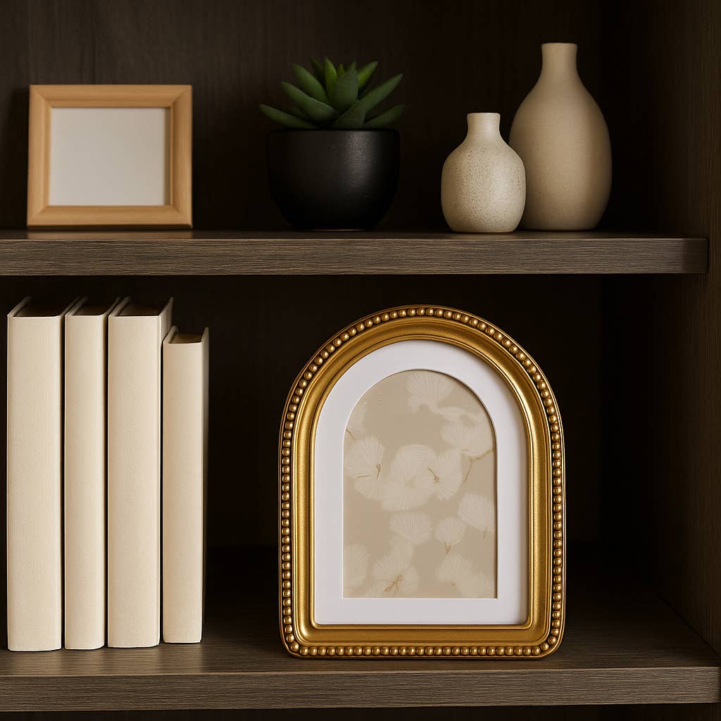 Gold 4x6 picture frame with a beaded arch design and matted opening