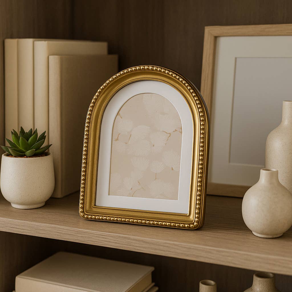 Arched gold picture frame with beaded trim, sized for a 4x6 photo