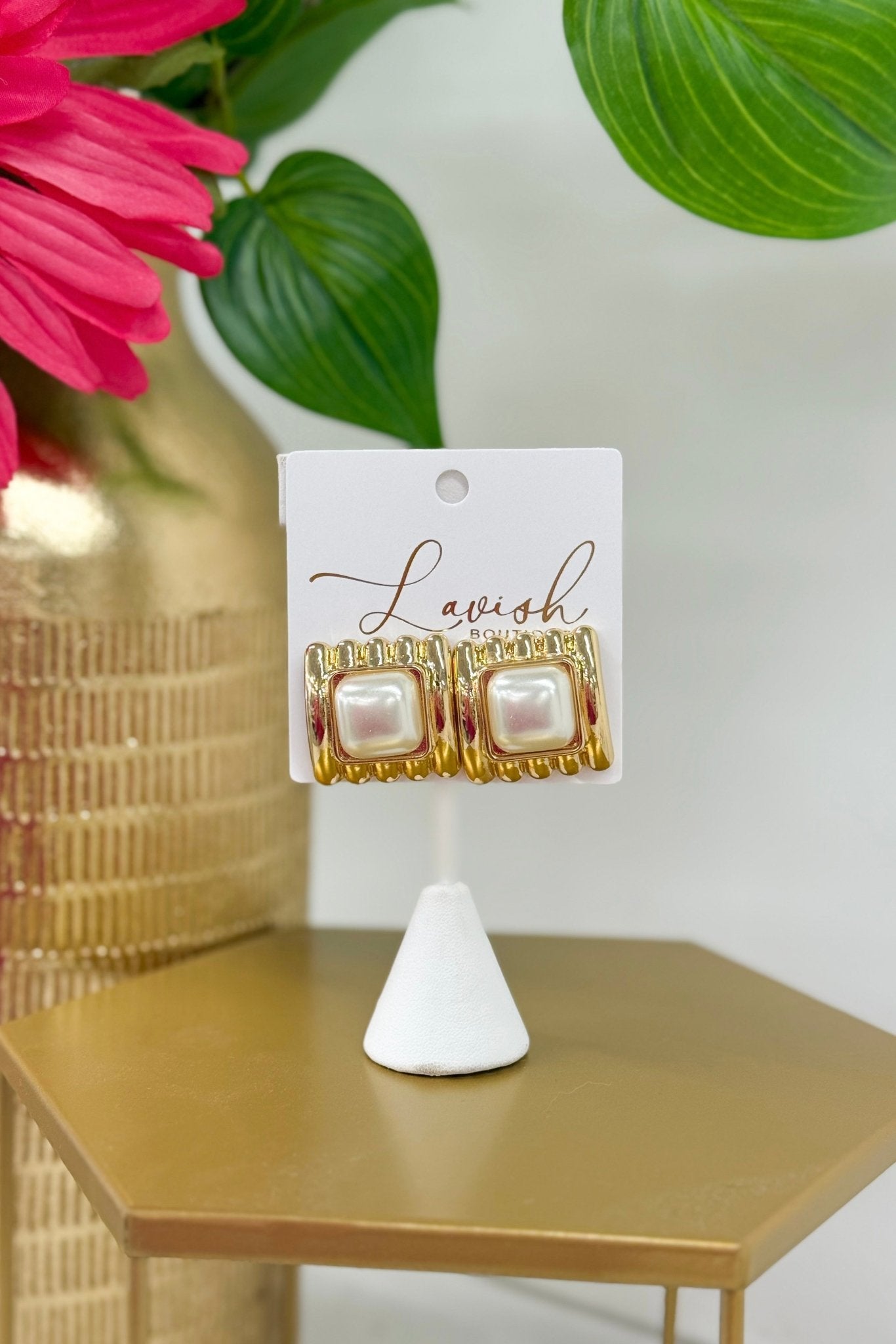 Pearl accented square gold earrings
