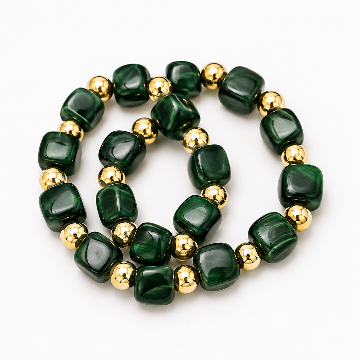 Double-strand square bead bracelet with gold-tone beads