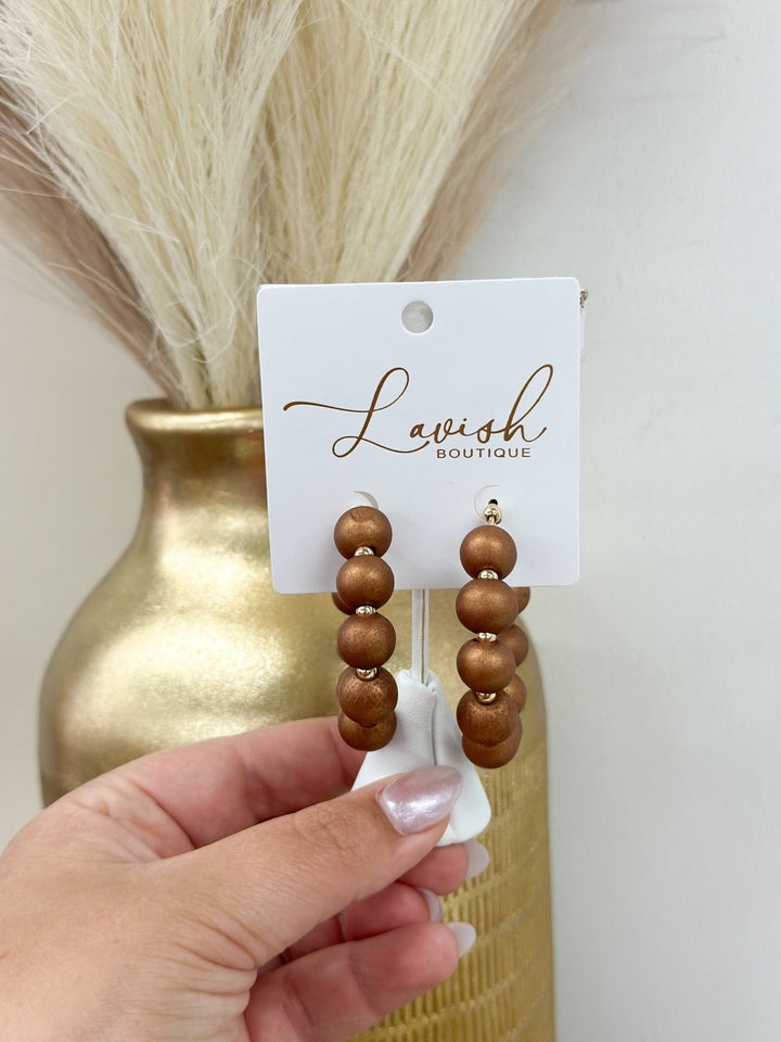 Brown coated wood ball hoop earrings