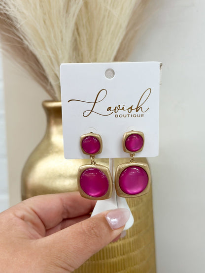 Hot pink stone earrings with gold-tone metal
