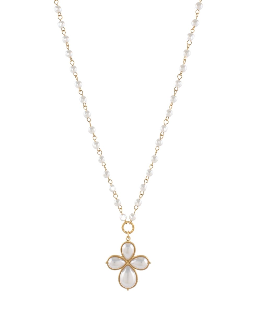 Cream pearl and stone necklace with a flower-shaped centerpiece