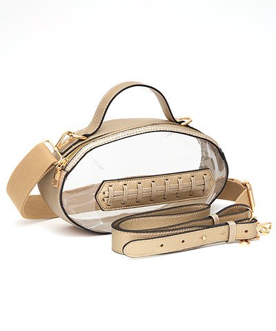 Gold-trimmed clear football crossbody bag with a shoulder strap