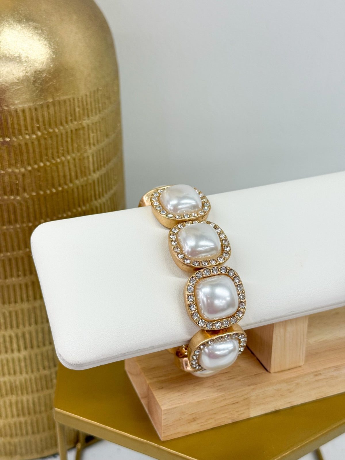 Bracelet with square pearl domes and crystal pave links