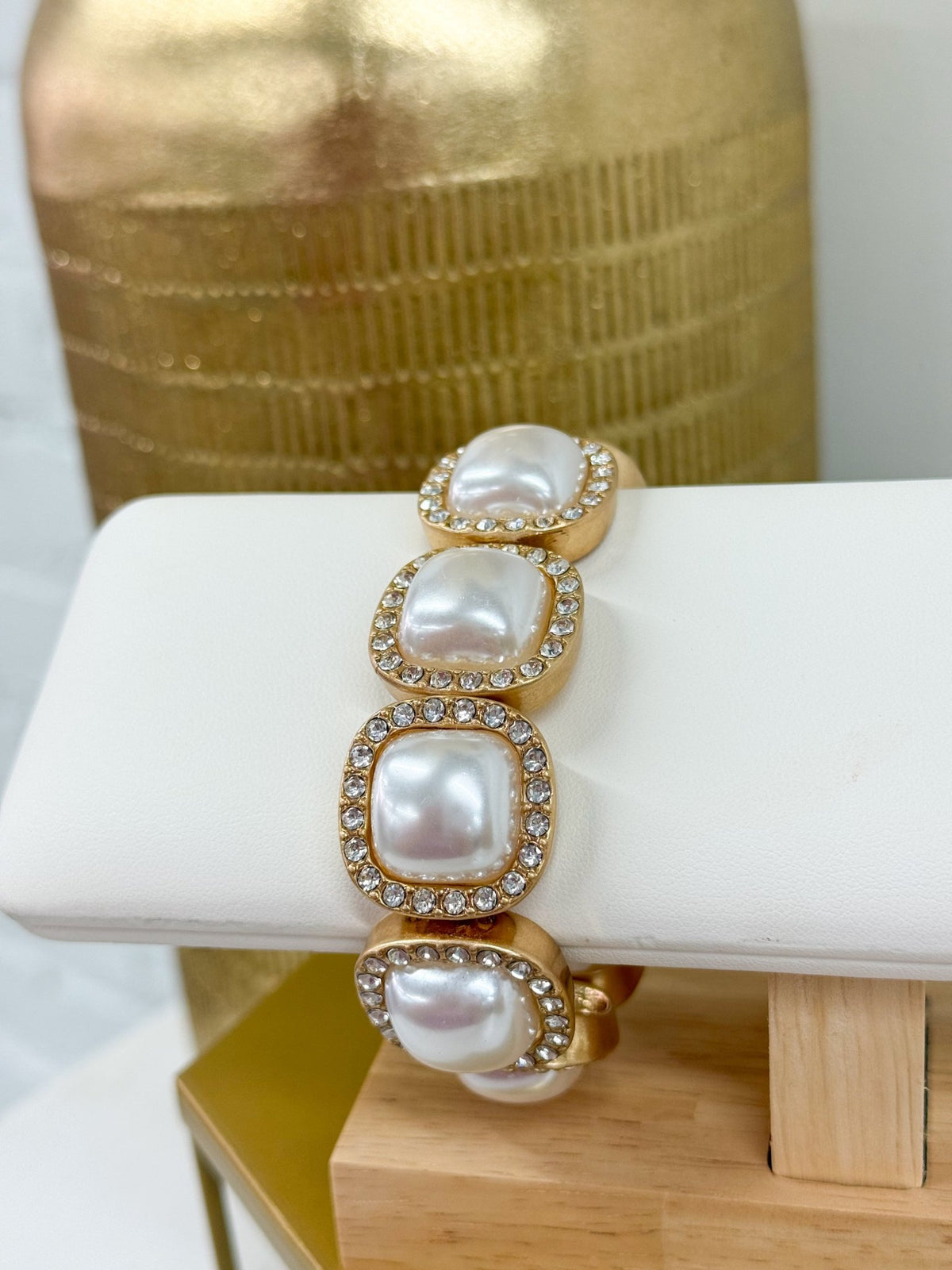 Cream pearl and pave crystal dome bracelet