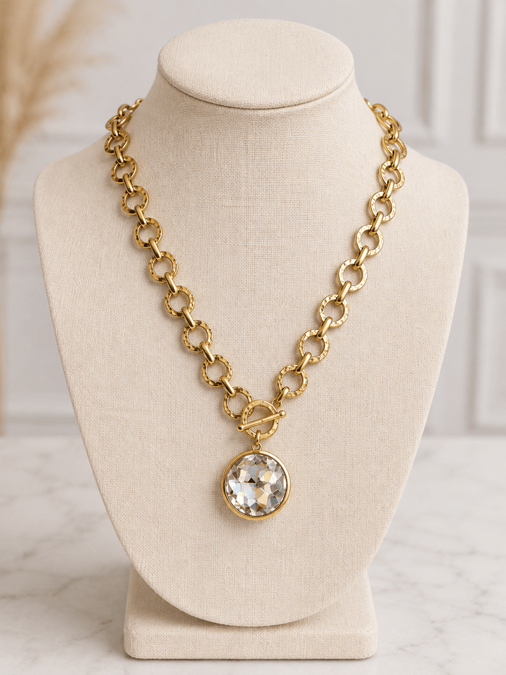 Golden Stella Round Stone Pendant Necklace - Lavish Boutique09-JEWELRY