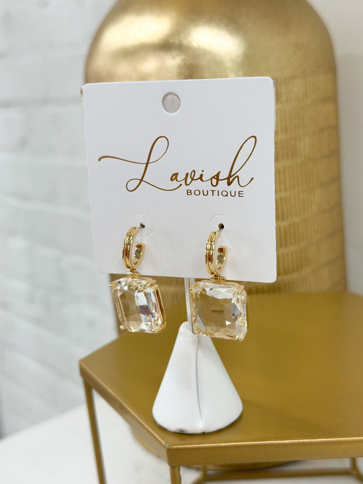 Square stone earrings with a gold-tone frame