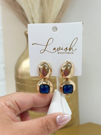 Two-part earrings with square and oval stone shapes