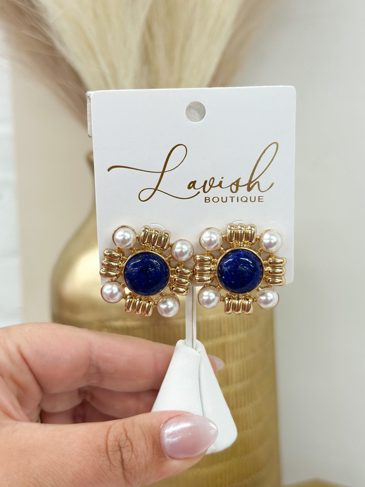 Stone and pearl earrings in a two-tier drop