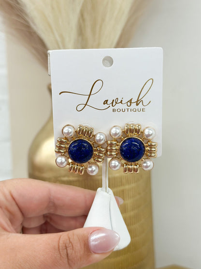 Stone and pearl earrings in a two-tier drop