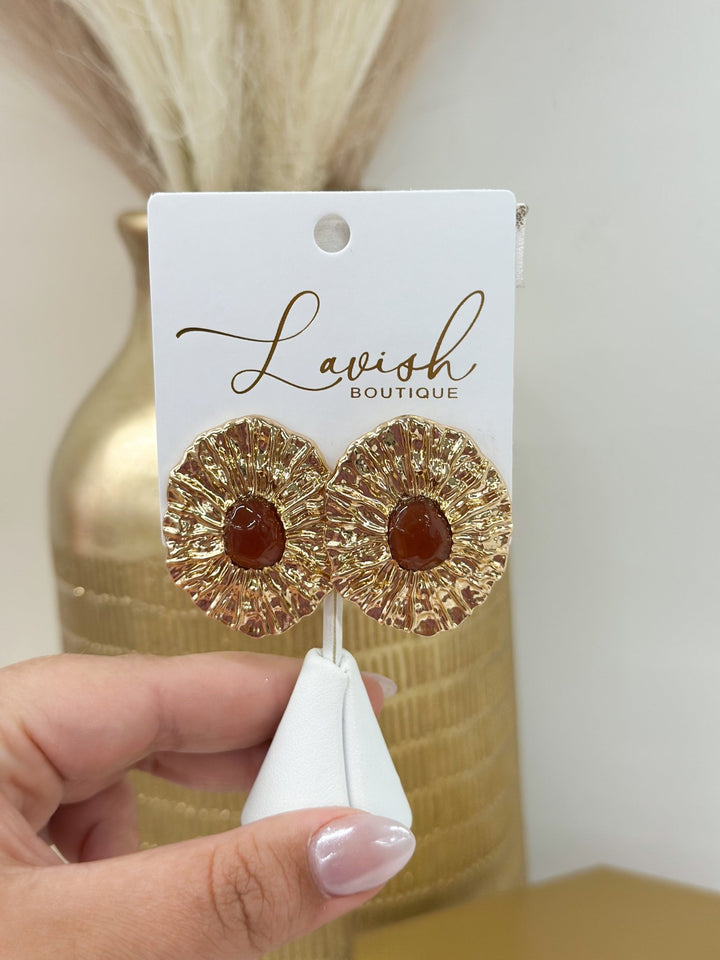 Golden Stella Textured Oval Stone Earrings - Lavish Boutique09-JEWELRY