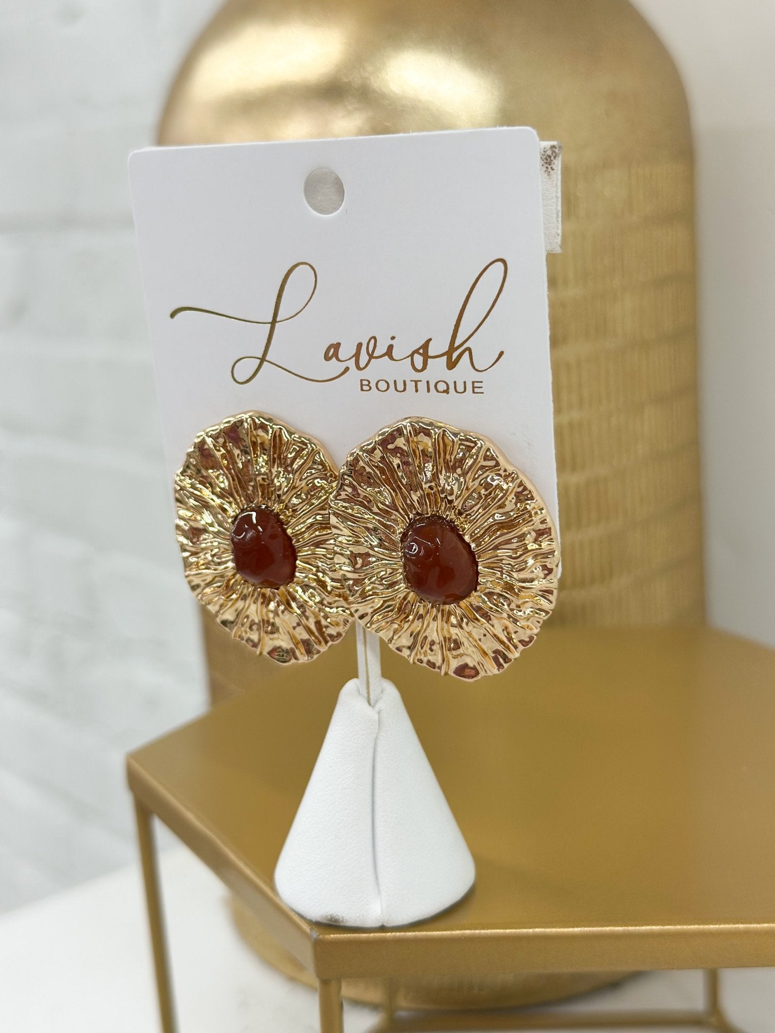 Oval stone drop earrings with a matte brown finish