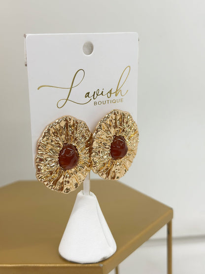 Brown and gold oval stone statement earrings