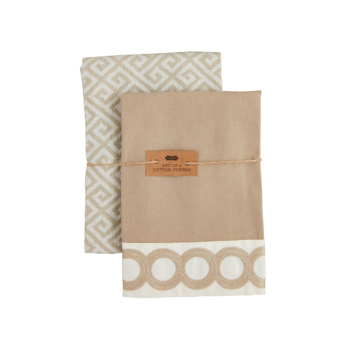 Set of two tan cotton kitchen towels with a Greek key border
