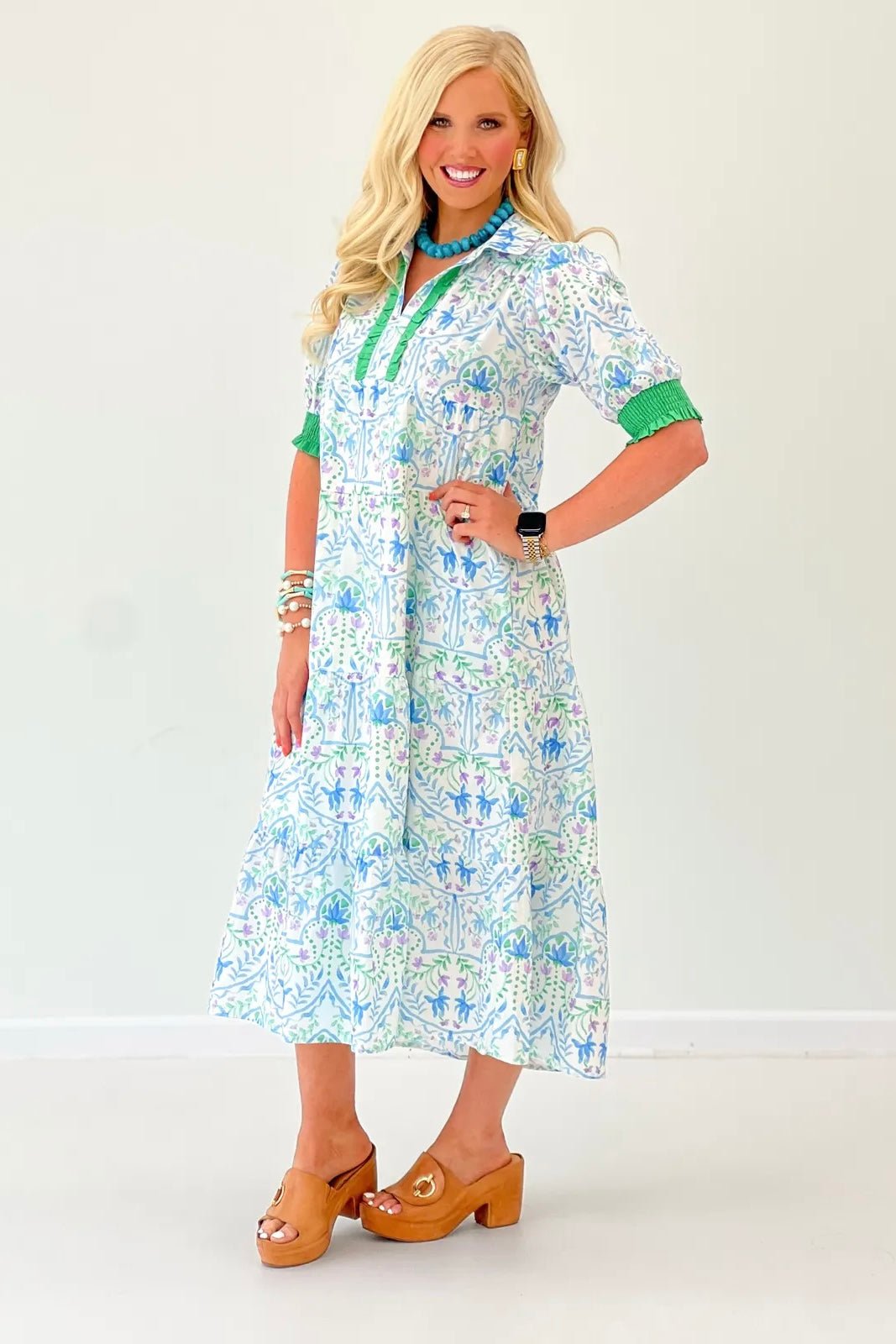 Green and blue floral midi dress with puff sleeves
