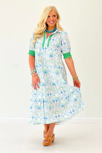 Green and blue floral print on a lightweight cotton midi dress