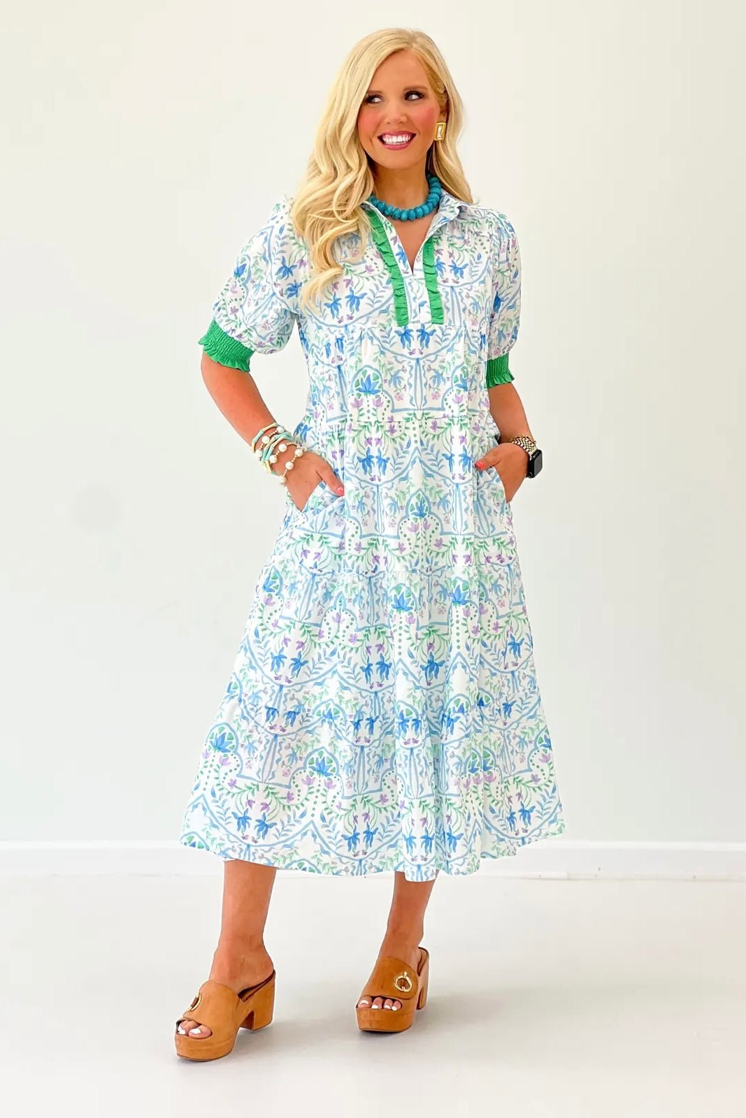 Floral print cotton midi dress with romantic puff sleeves