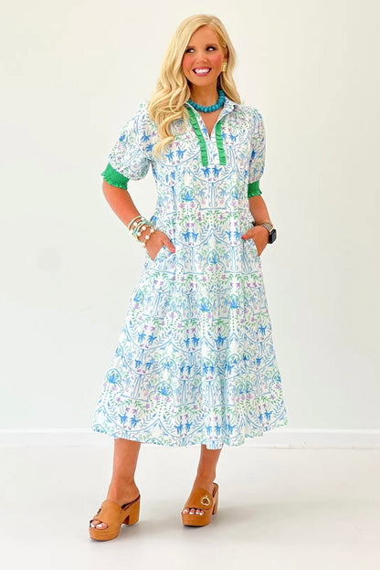 Floral print cotton midi dress with romantic puff sleeves