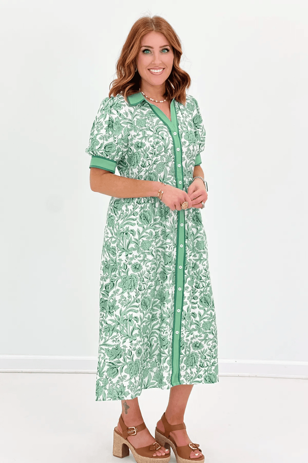 Green Floral Printed Midi Shirt Dress*FINAL SALE*