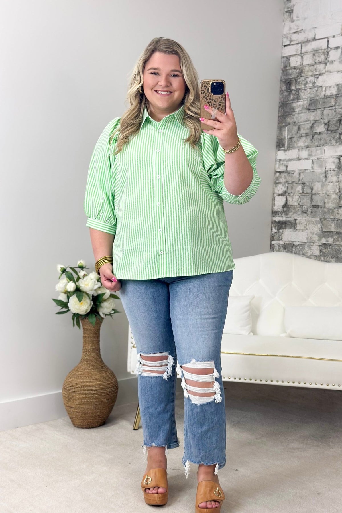 Green Stripe Puff Sleeve Button Up Top - Lavish BoutiqueTops