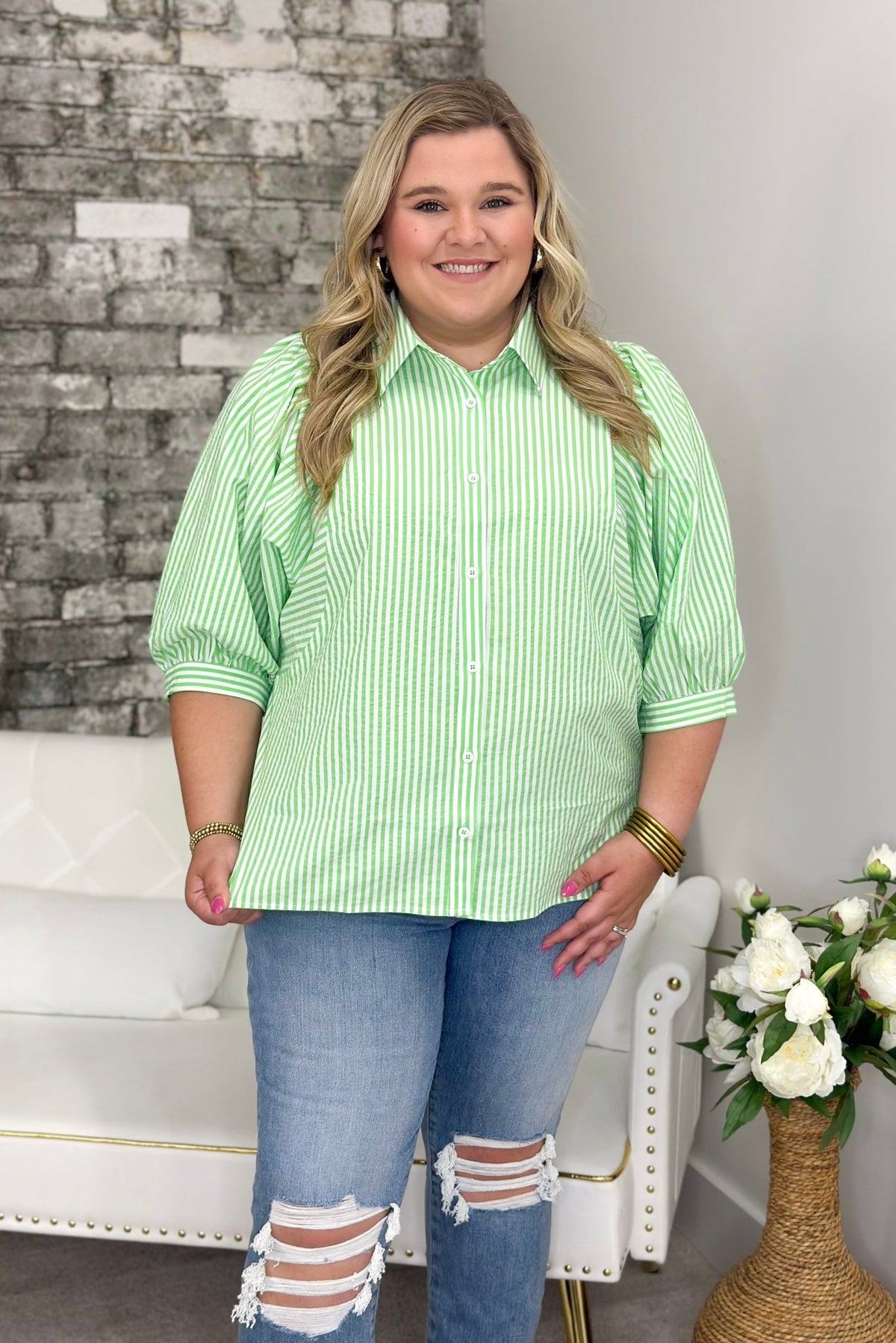 Green Stripe Puff Sleeve Button Up Top - Lavish BoutiqueTops