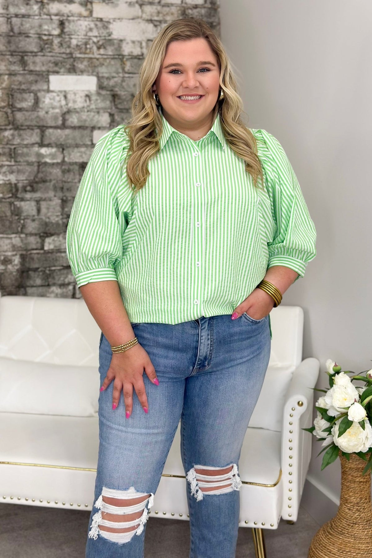 Green Stripe Puff Sleeve Button Up Top - Lavish BoutiqueTops