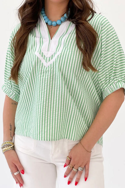 Green Stripe V-Neck Top - Lavish BoutiqueTops