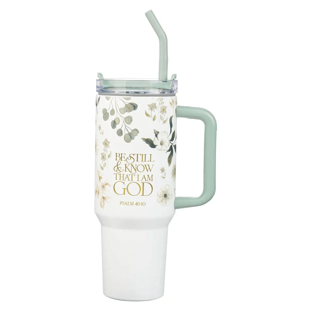 Green tumbler lettered with Psalm 46:10