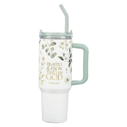 Green tumbler lettered with Psalm 46:10