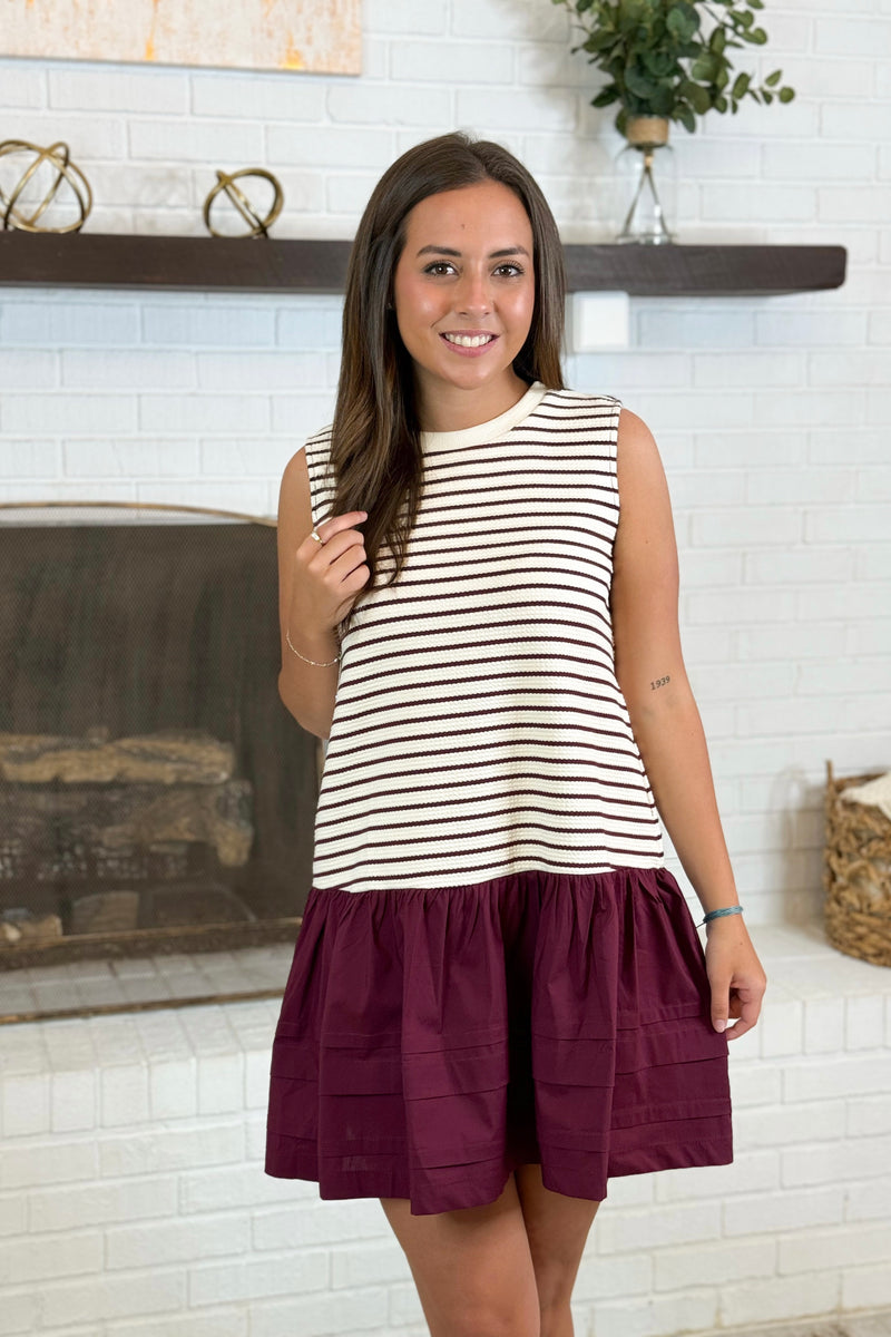 Burgundy Stripe Knit Woven Mini Dress