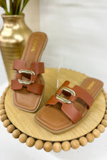 Cognac Buckle Slide Sandal