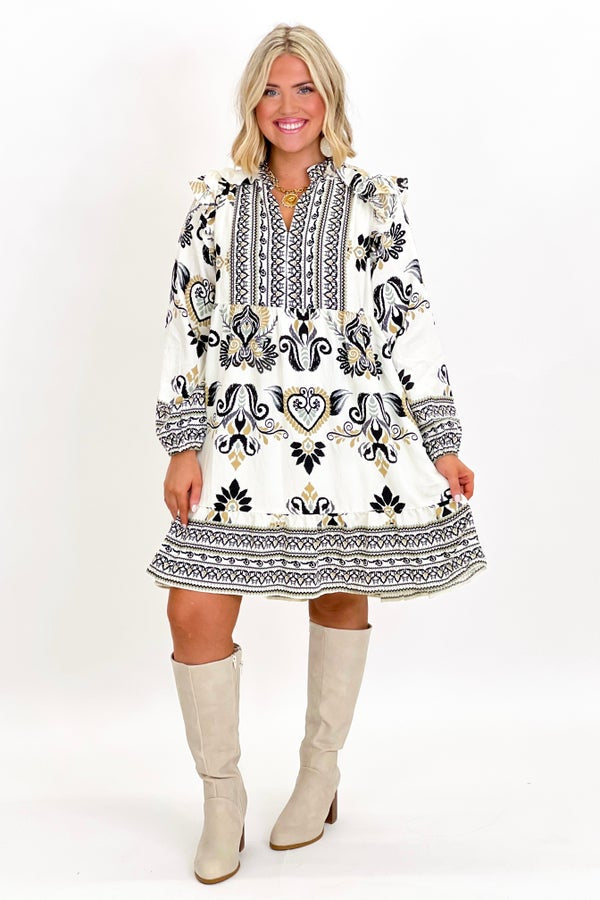 Black Tribal Border Print V-Neck Dress