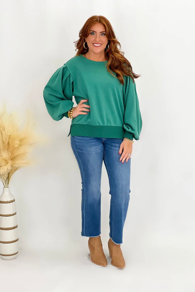 Forest Green Loose Fit Bubble Long Sleeve Top