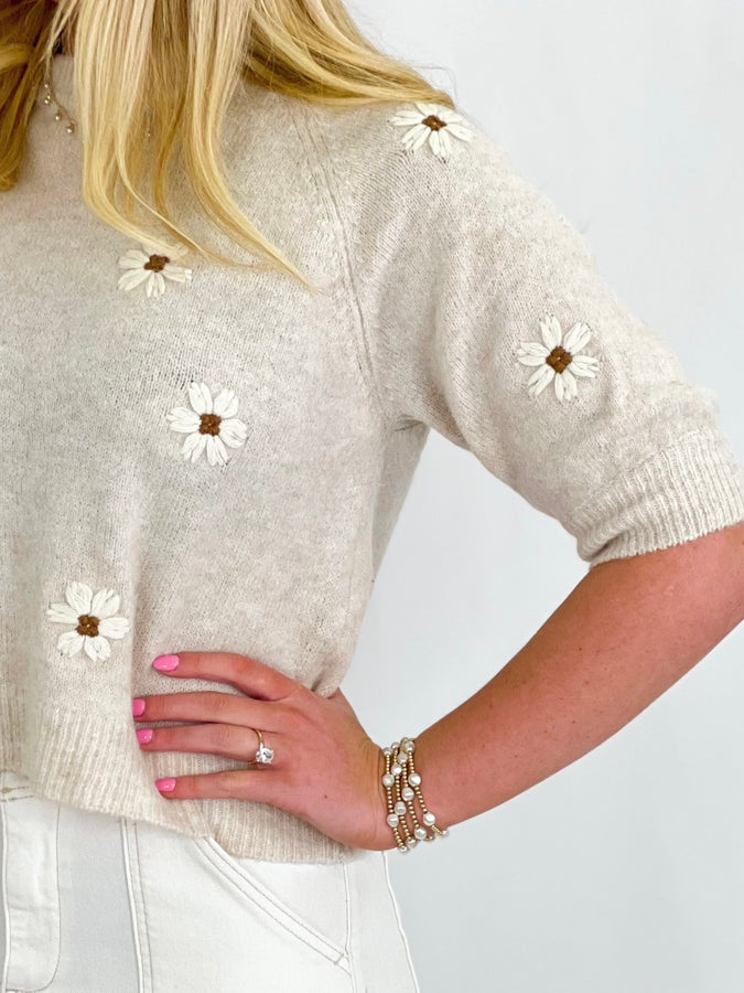 Oatmeal Round Neck Flower Sweater