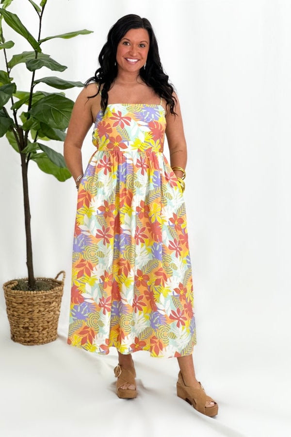 Apricot and Citrus Tropical Print Midi Dress