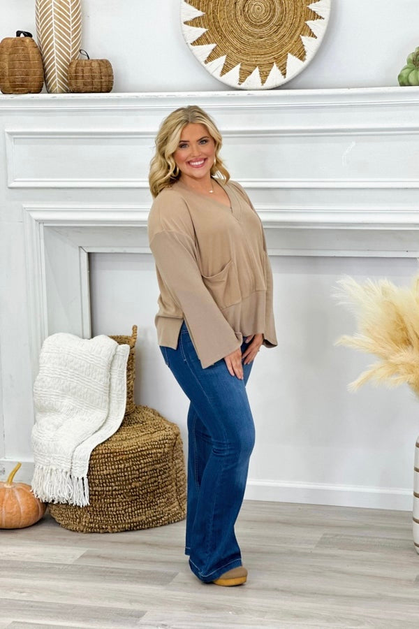 Taupe Brushed Pocket V-Neck Top