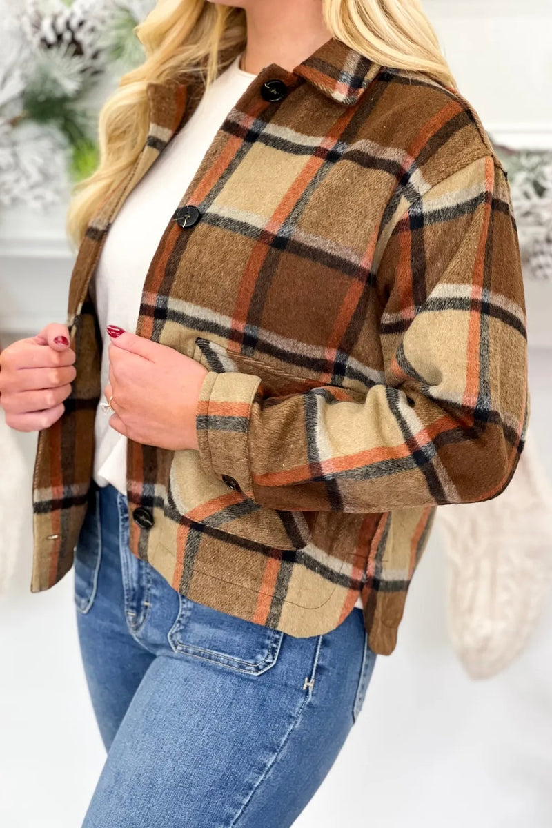 JK11195 Brown Plaid Cropped Shacket