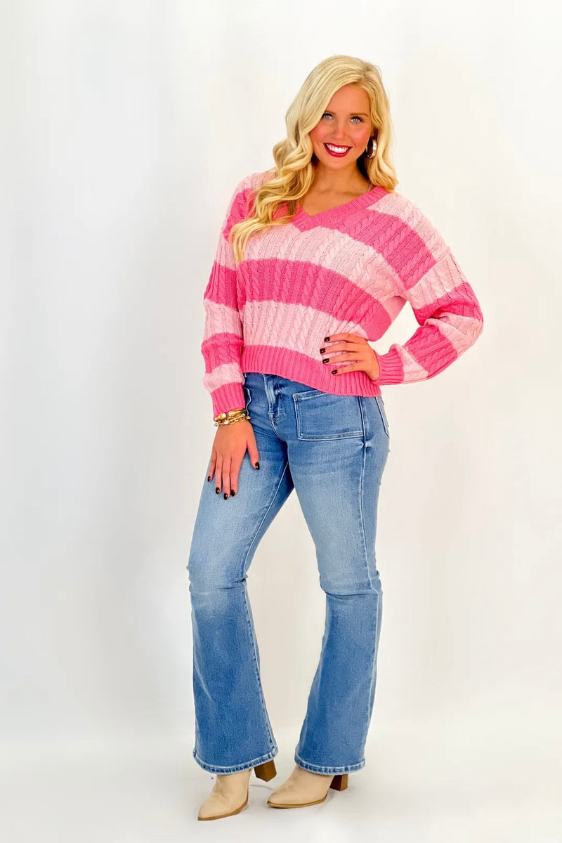 Pink Knit V-Neck Stripe Sweater