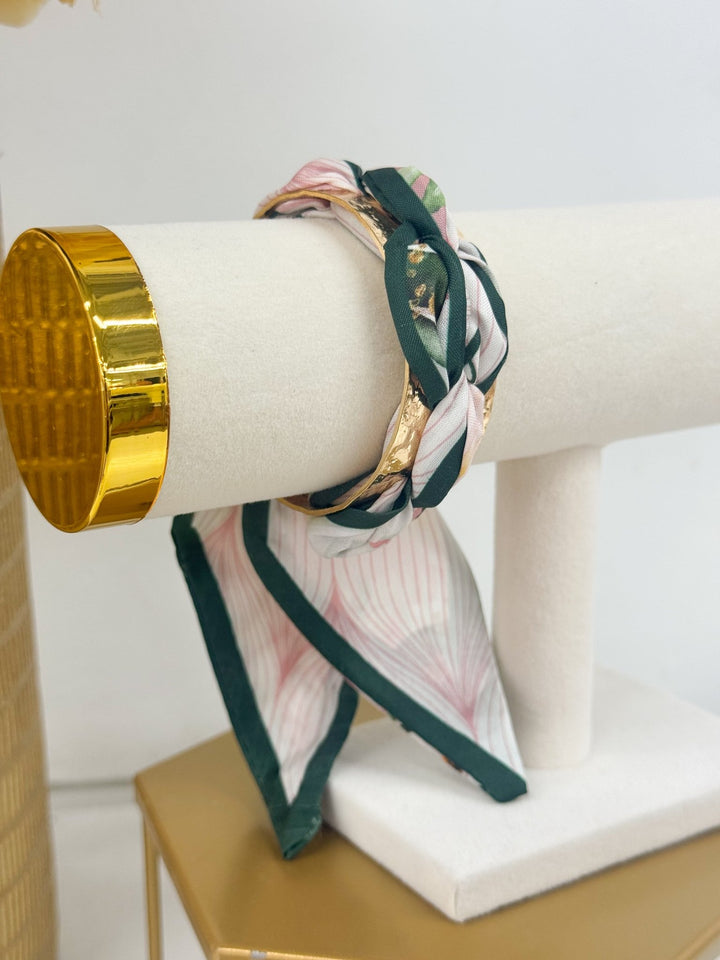 Fabric scarf bracelet with a hammered metal accent