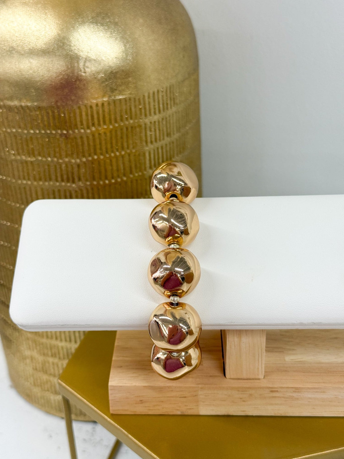 Large ball bead bracelet in hammered gold tone