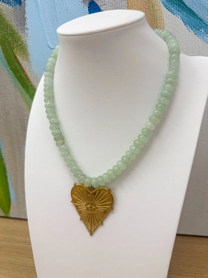Seed bead necklace in mint with a gold heart charm