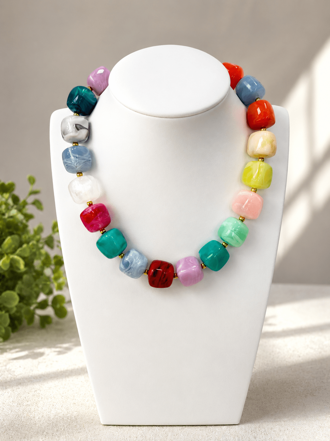 Multicolor marbled square bead necklace