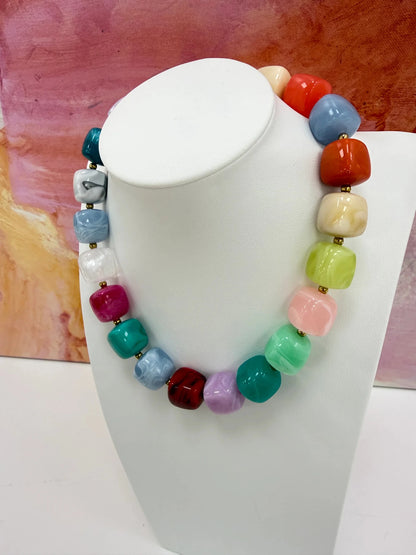 Multicolor square bead strand necklace