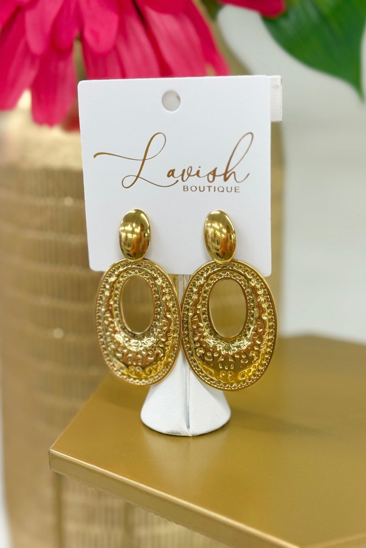 Large gold oval drop earrings